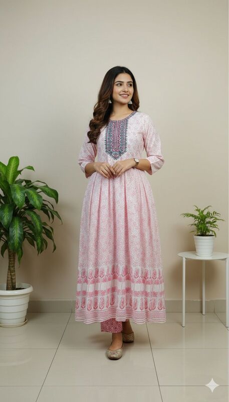 Cotton Umbrella Kurti White with Pink