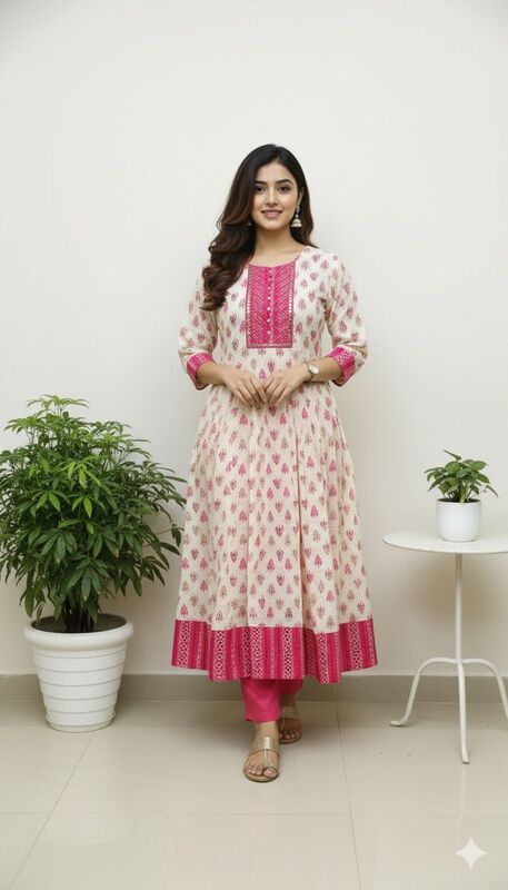 Umbrella Kurti White with Pink