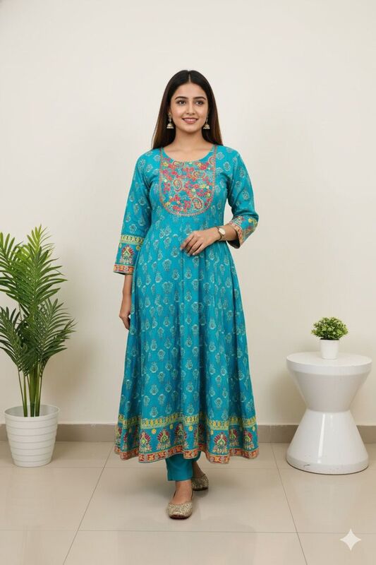 Cotton Umbrella Kurti Sky Blue