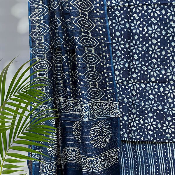 Chanderi Silk  Pipar Dabu Print Suit Set #7