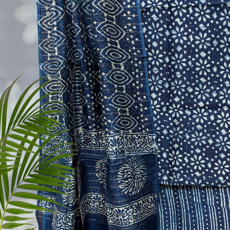 Chanderi Silk  Pipar Dabu Print Suit Set #7