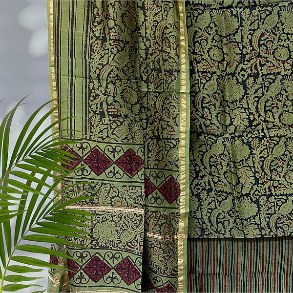 Chanderi Silk  Pipar Dabu Print Suit Set #1