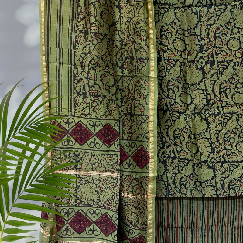 Chanderi Silk Pipar Dabu Print Suit Set #1