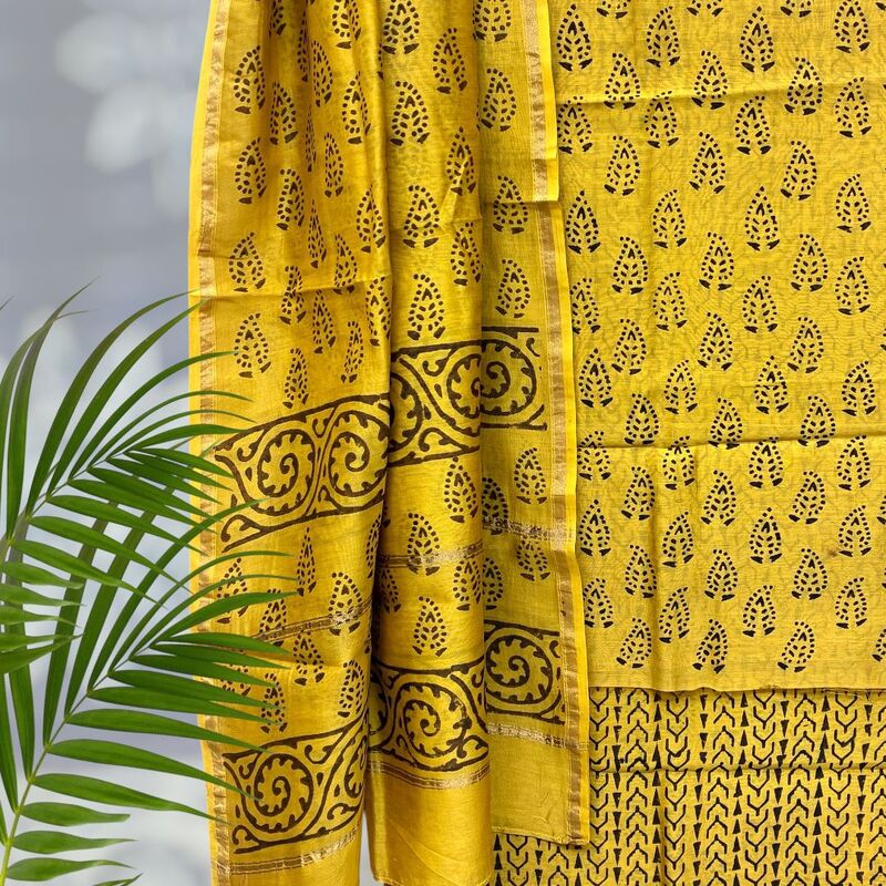 Chanderi Silk  Pipar Dabu Print Suit Set #9