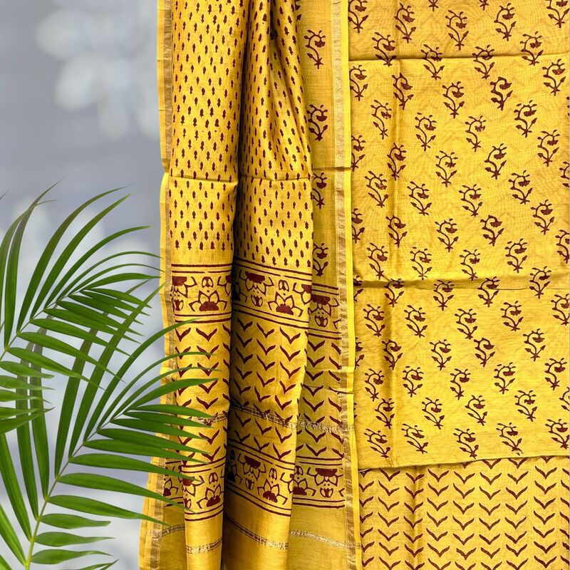 Chanderi Silk  Pipar Dabu Print Suit Set #11