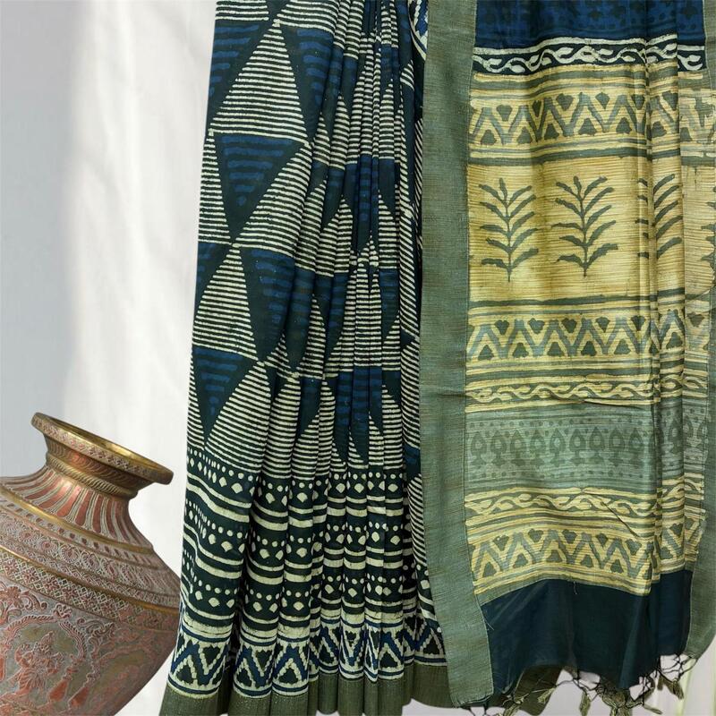 Chanderi Silk Gichha  Pallu Pipar Dabu Print Saree #9