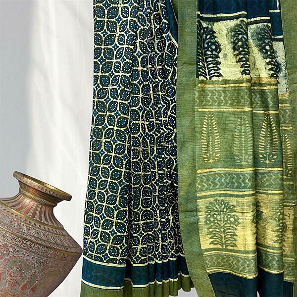 Chanderi Silk Gichha  Pallu Pipar Dabu Print Saree #8