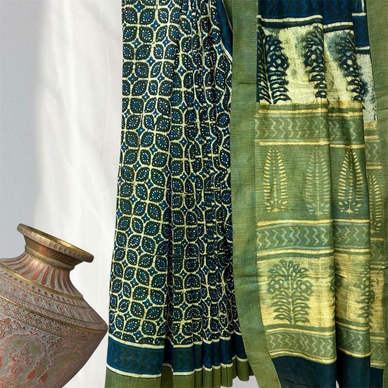 Chanderi Silk Gichha  Pallu Pipar Dabu Print Saree #8