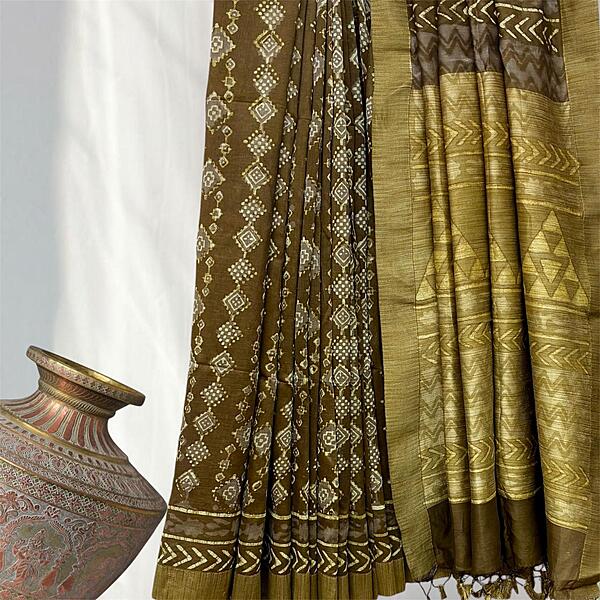 Chanderi Silk Gichha  Pallu Pipar Dabu Print Saree #7