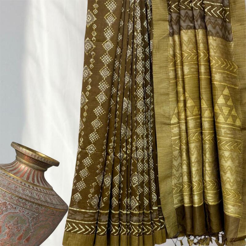 Chanderi Silk Gichha  Pallu Pipar Dabu Print Saree #7