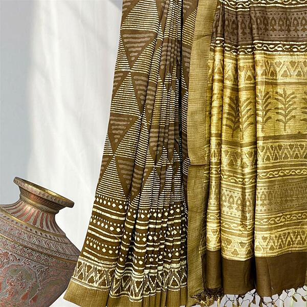 Chanderi Silk Gichha  Pallu Pipar Dabu Print Saree #6