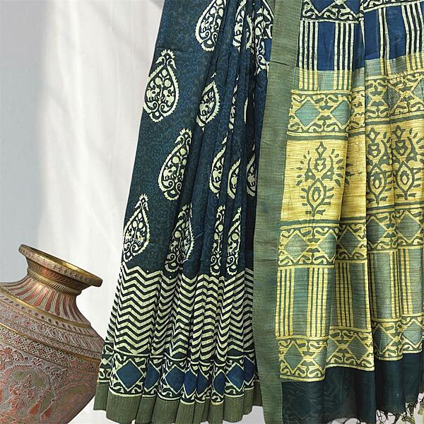 Chanderi Silk Gichha  Pallu Pipar Dabu Print Saree #5