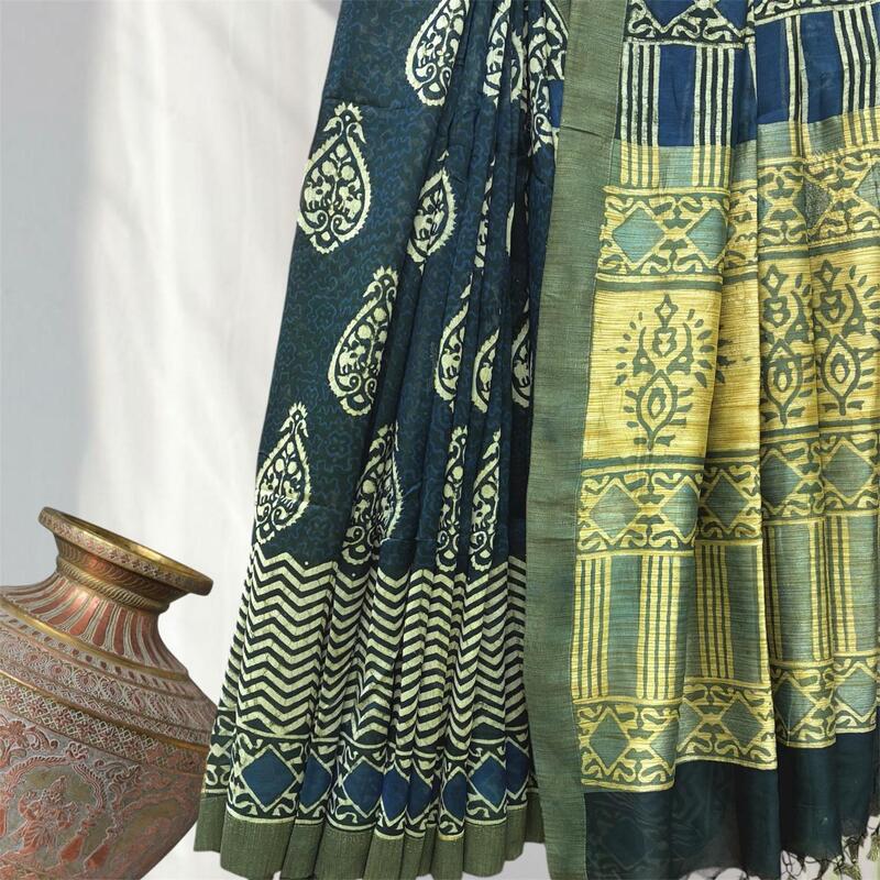 Chanderi Silk Gichha  Pallu Pipar Dabu Print Saree #5