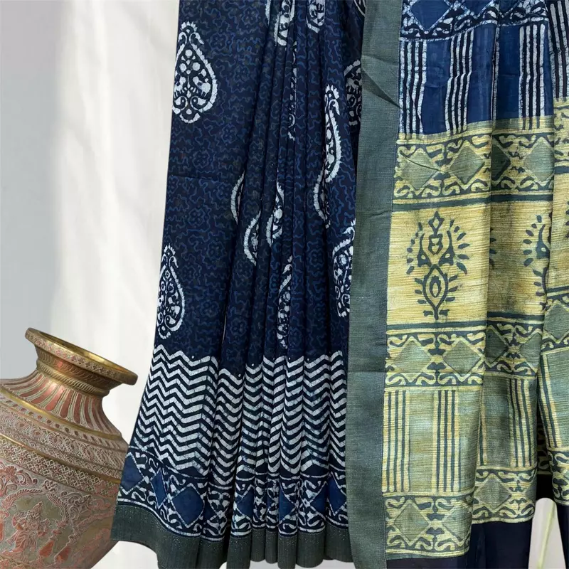 Chanderi Silk Gichha  Pallu Pipar Dabu Print Saree #4