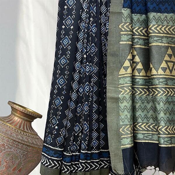 Chanderi Silk Gichha  Pallu Pipar Dabu Print Saree #2