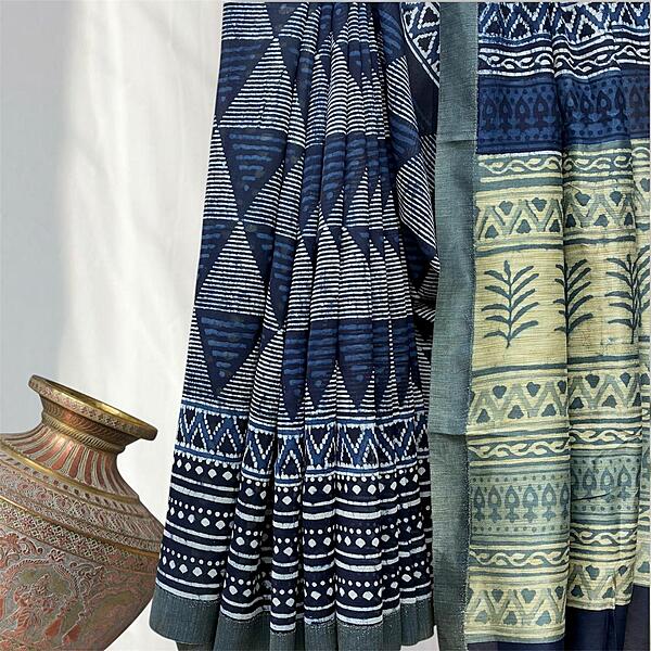 Chanderi Silk Gichha  Pallu Pipar Dabu Print Saree #1