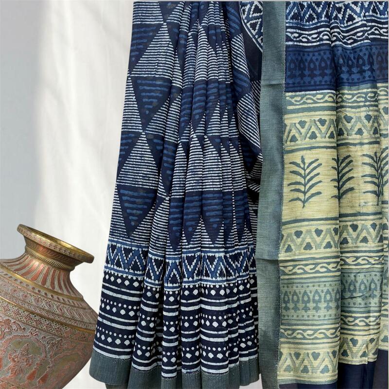 Chanderi Silk Gichha Pallu Pipar Dabu Print Saree #1