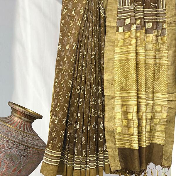 Chanderi Silk Gichha  Pallu Pipar Dabu Print Saree #10