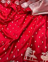 Red Mashru Silk Saree with Lotus Border and Zari Pallu