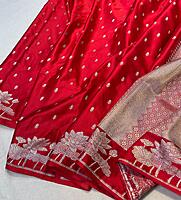 Red Mashru Silk Saree with Lotus Border and Zari Pallu