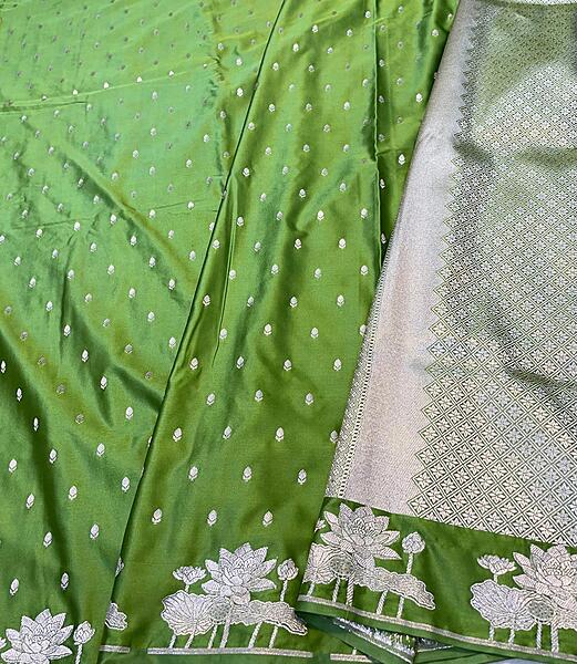 Green Mashru Silk Saree with Silver Lotus Zari Work