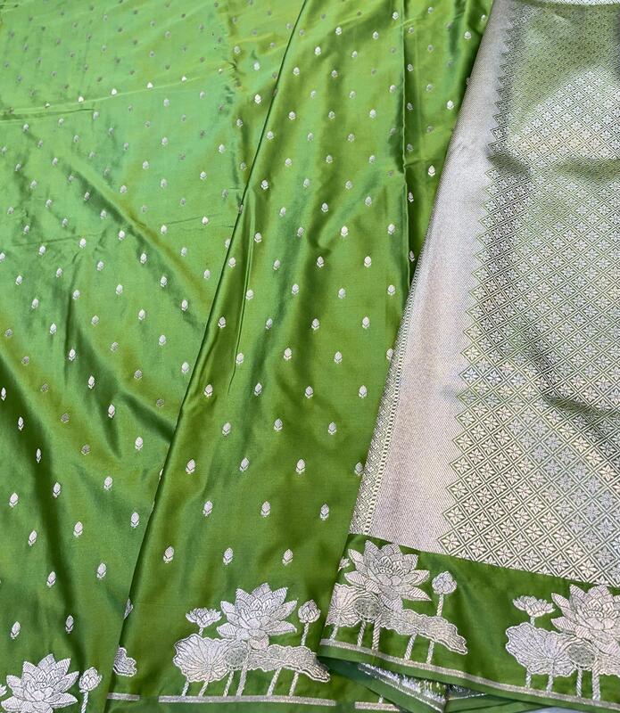 Green Mashru Silk Saree with Silver Lotus Zari Work