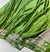 Green Mashru Silk Saree with Silver Lotus Zari Work