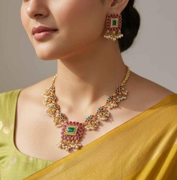 Royal Floral Pearl Drop Necklace Set