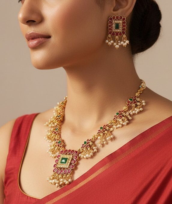 Royal Floral Pearl Drop Necklace Set