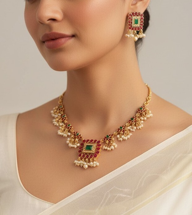 Royal Floral Pearl Drop Necklace Set