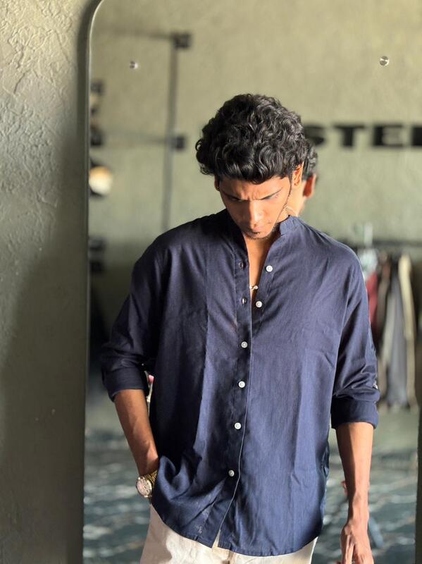 Navy blue linen mandarin