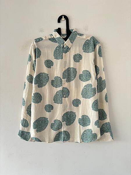 Teal leaf linen printed shirt