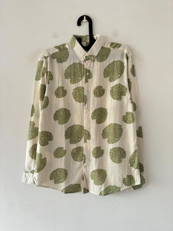 Green leaf linen printed shirt