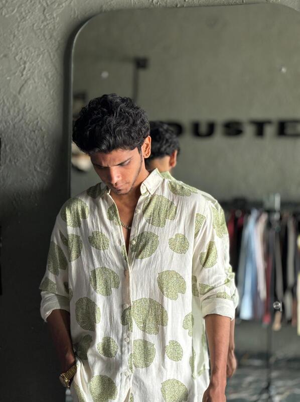 Green leaf linen printed shirt