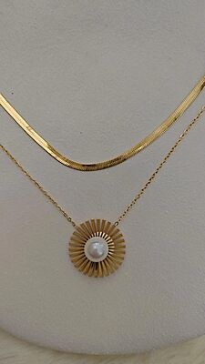 Layered Gold Sunburst Pearl Necklace Set