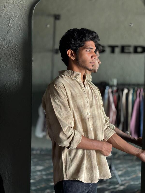 Camel tan textured check shirt