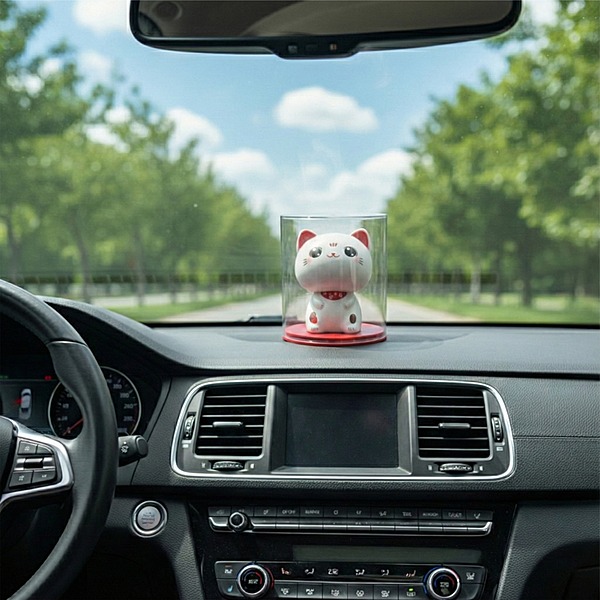 Mini Solar Head Shaking Lucky Cat - Waving Arm Maneki Neko Figurine for Home & Car Decor