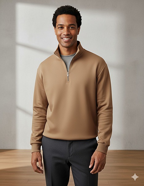 Men's Beige Half Zip Pullover Sweatshirt light brown