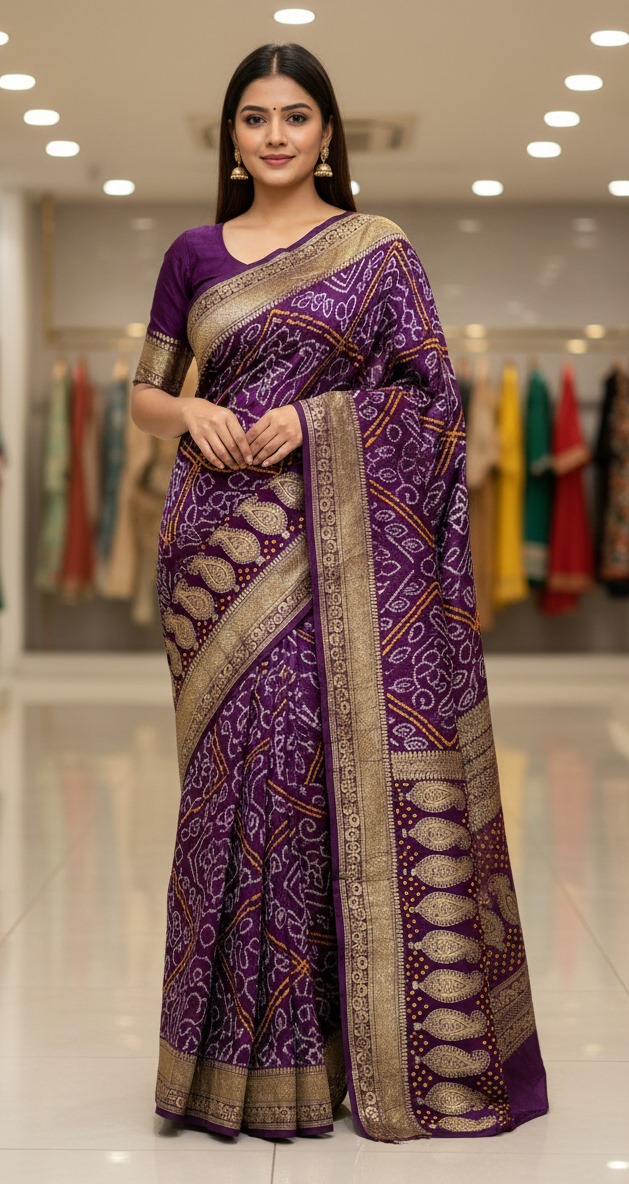 Kala Sanskruti All Over Purple – Color Pure Gaji Silk Bandhani Saree – 6.5M with Blouse Piece – Elegant Traditional Wear Saree for Women