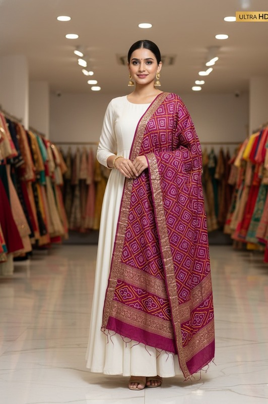 Kala Sanskruti All Over Magenta – Color Gaji Silk Bandhani Dupatta – 2.5M – Elegant Traditional Wear Gaji Dupatta for Women