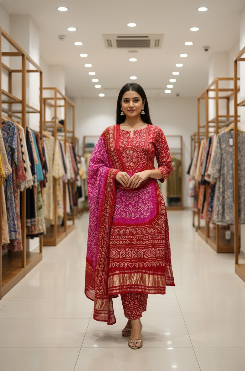 Kala Sanskruti Rani Pink & Red – Color Gaji Silk Bandhani Dress – 2.5 M Each Piece – Elegant Traditional Wear Gaji Silk Dress for Women