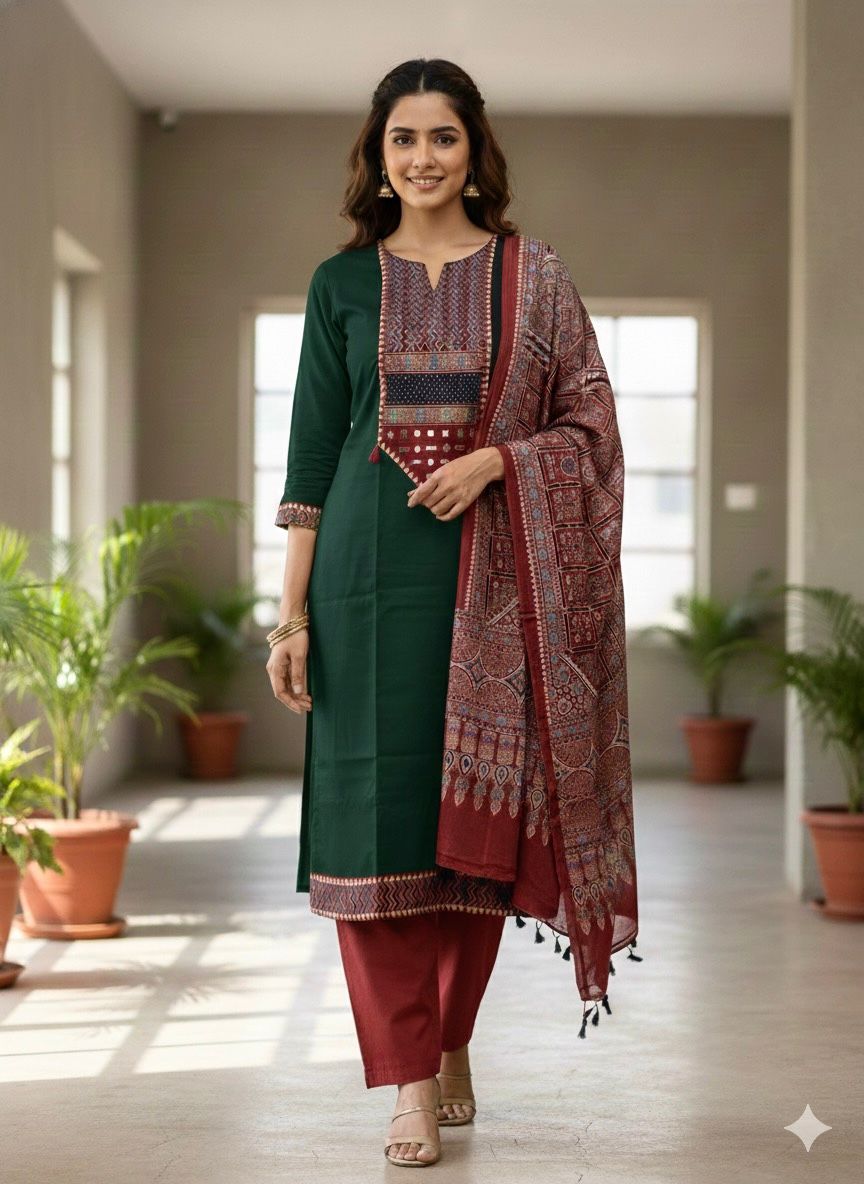 Mashru Satin Ajrakh Patch Suit Set (Green)