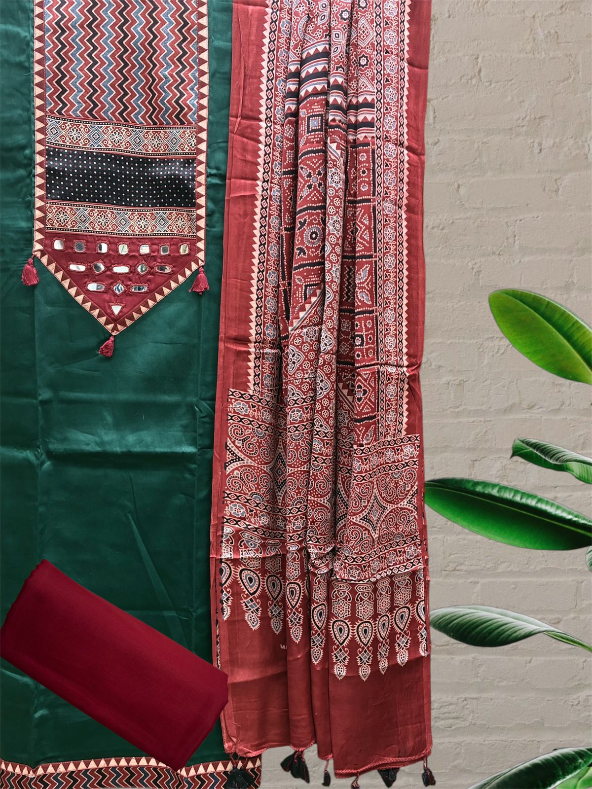 Mashru Satin Ajrakh Patch Suit Set (Green)