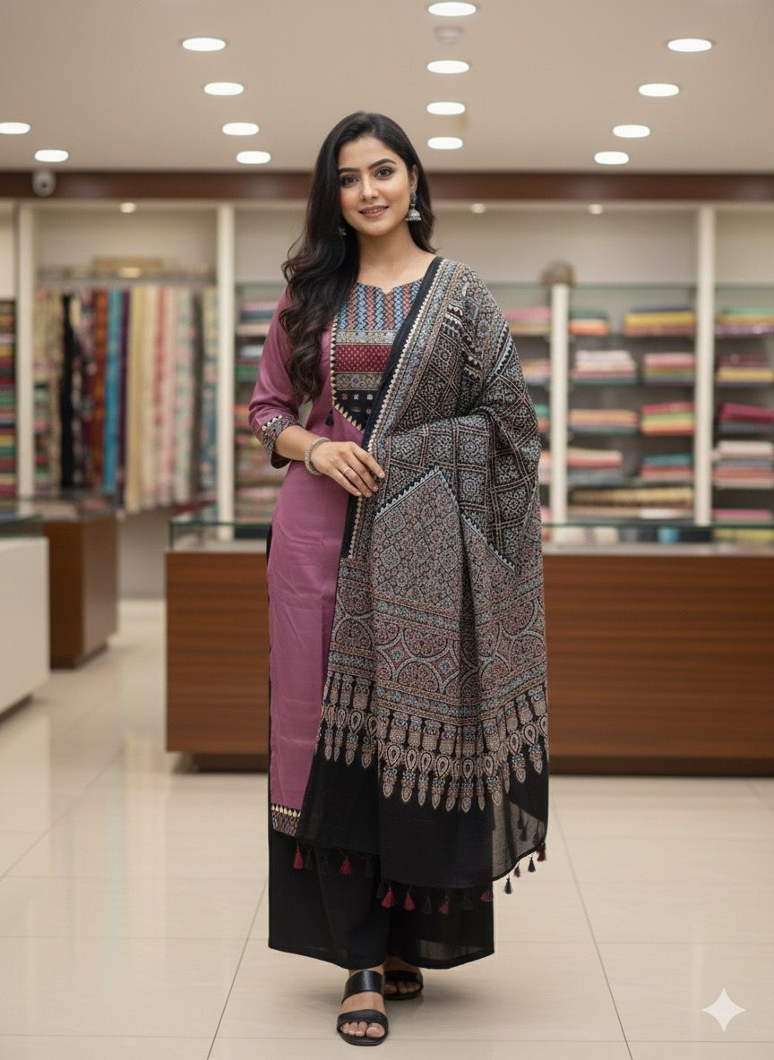 Mashru Satin Ajrakh Patch Suit Set (Blush Pink)