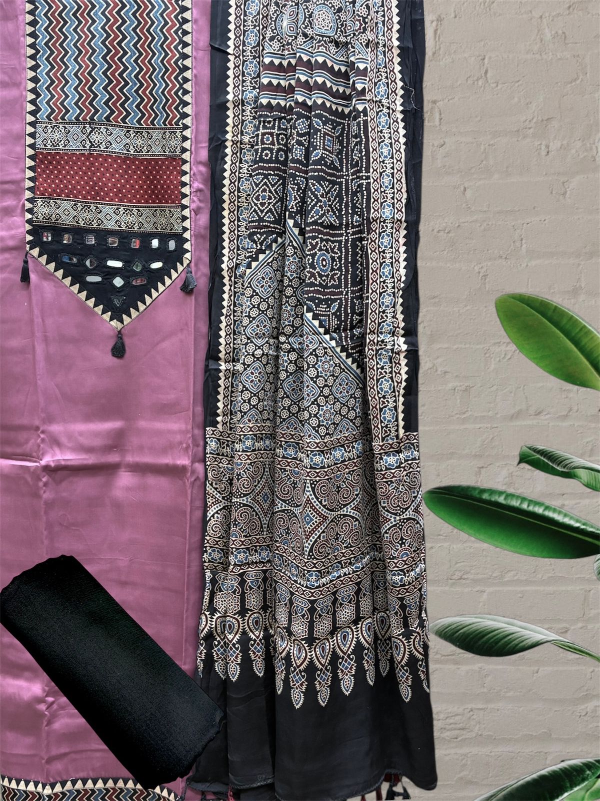 Mashru Satin Ajrakh Patch Suit Set (Blush Pink)