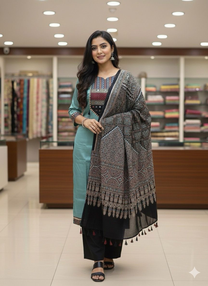 Mashru Satin Ajrakh Patch Suit Set (Light Teal)