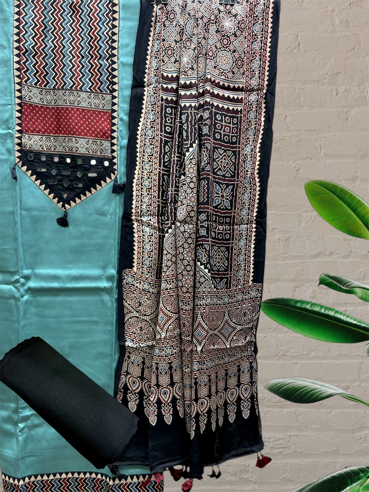 Mashru Satin Ajrakh Patch Suit Set (Light Teal)