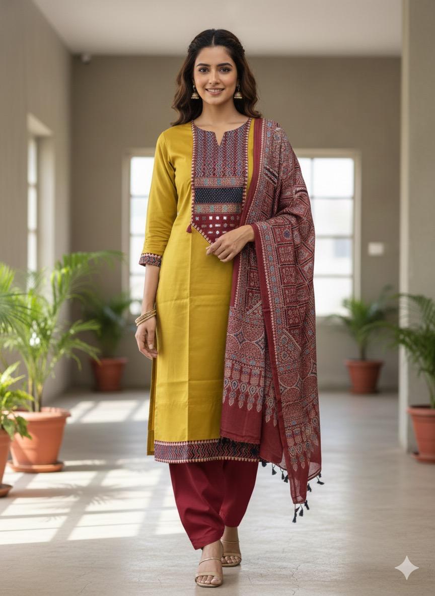 Mashru Satin Ajrakh Patch Suit Set (Mustard)