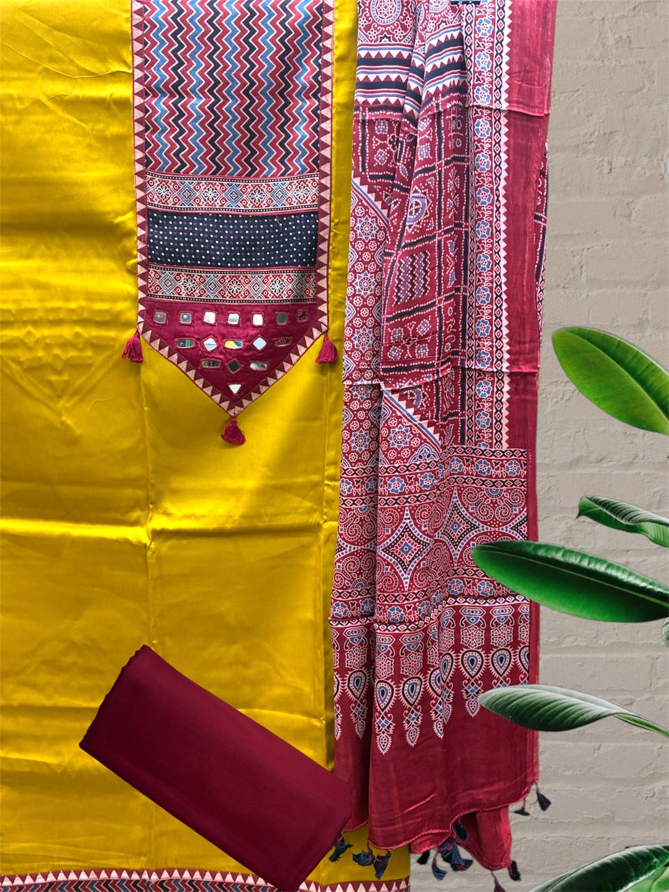 Mashru Satin Ajrakh Patch Suit Set (Mustard)