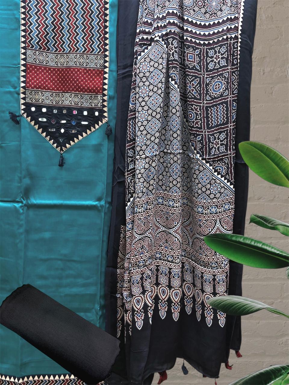 Mashru Satin Ajrakh Patch Suit Set (Teal)